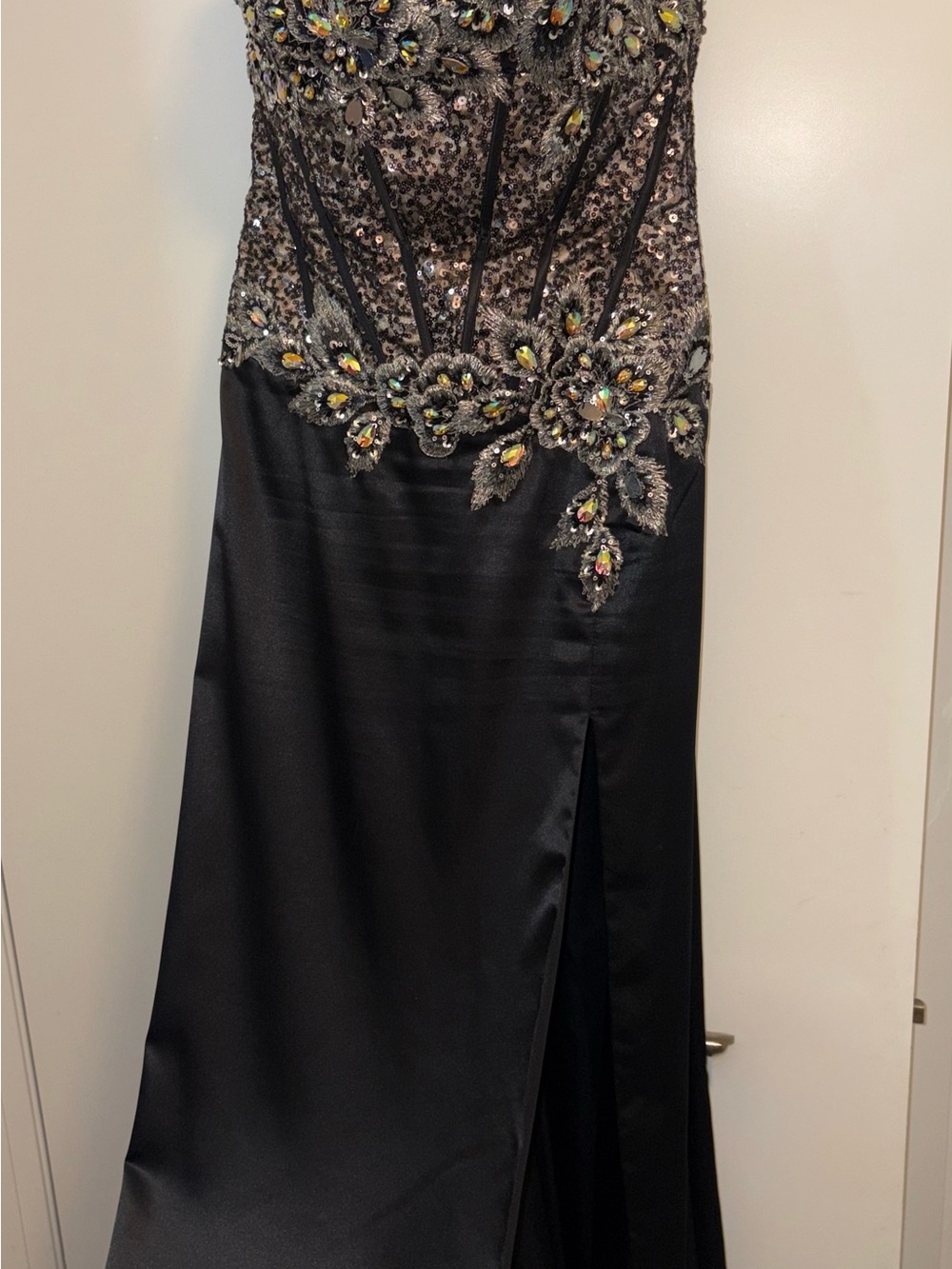 Tony Bowls Black Beaded Floral Appliqué Prom Gown